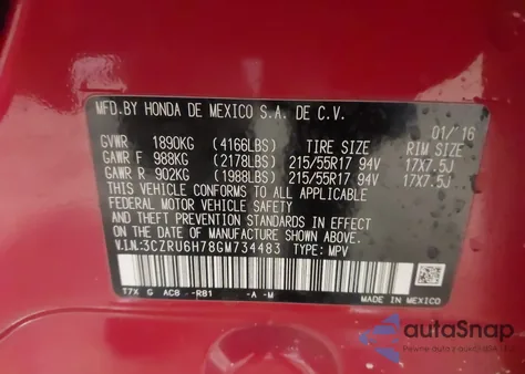 2016 Honda Hr-V Ex-L from USA, damaged, VIN 3CZRU6H78GM734483